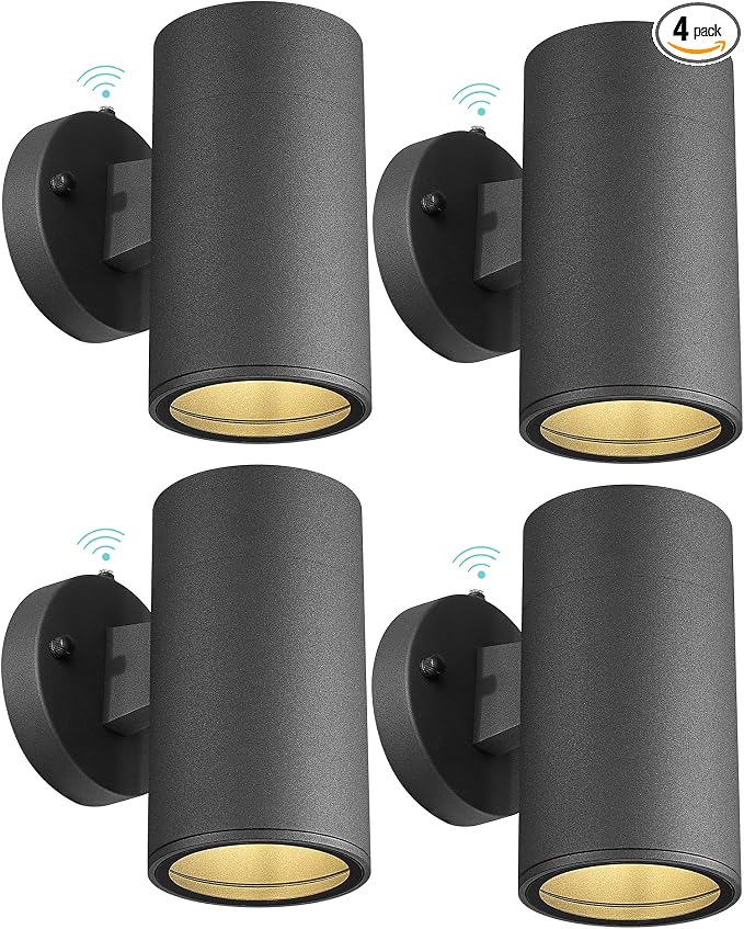 Ken & Ricky Dusk to Dawn Outdoor Wall Sconce Lights,Cylinder，Black ，4 PK | With Glass Cover,Photocell Sensor,No Glare Exterior Lighting Fixtures,E26,For House Front Porch Garage Patio Entryway