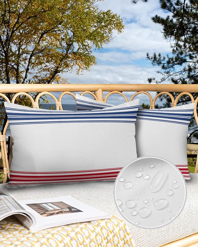 Prime Leader Outdoor Waterproof Pillow Covers Set of 2, Independence Day Flag Day Blue Red Stripe Patio Throw Pillow Covers, Decorative Cushion Case for Couch Sofa Furniture Garden, 20x12 Inch