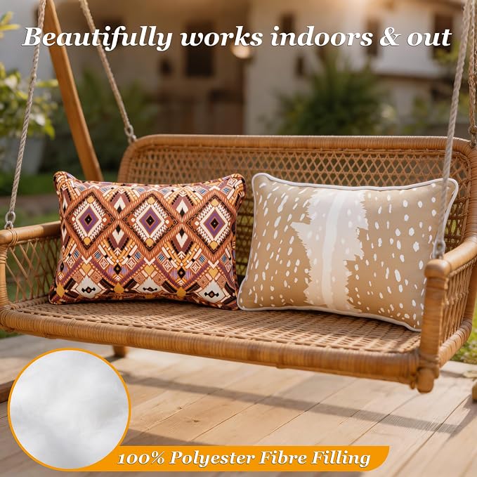 12x20 Inch Outdoor Lumbar Pillows, 4-Pack with Built-in Inserts. One-Piece Zipper-Free Design, Supportive, Fade & Water Resistant for Patio, Porch, Couch and Office Chair, Terracotta Boho