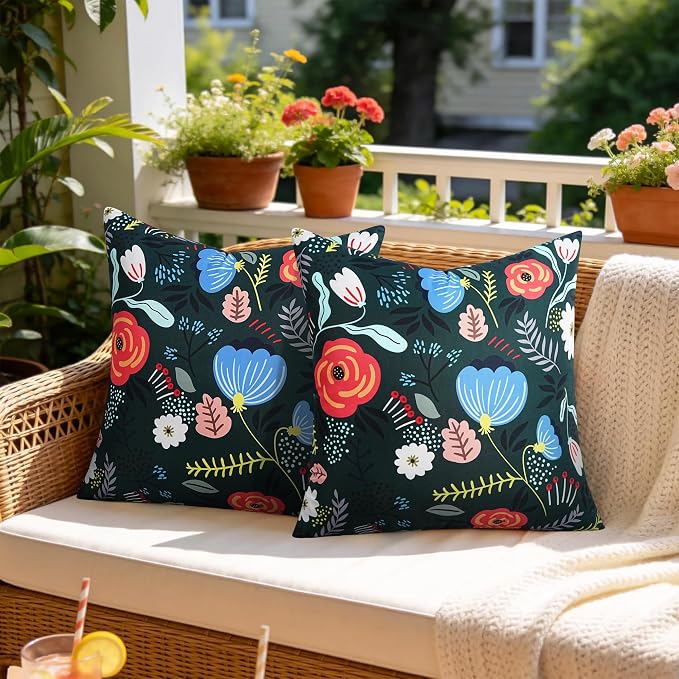 Pyonic Waterproof Outdoor Pillow Covers 18x18 Set of 2, Colorful Floral Decorative Cushion Covers for Patio Furniture, Garden, Balcony,Sunbrella， Boho Nordic Outdoor Indoor Home Decor,Dark Green