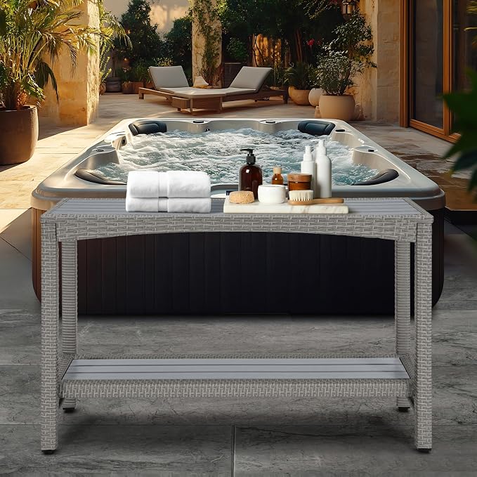 Outdoor Console Table Patio Buffet Bar Storage Organizer 45" Long Wicker Sofa Serving Sideboard Table 2-Shelf Outdoor Narrow Bar Table Tall Rectangle with Adjustable Feet for Entryway Grey