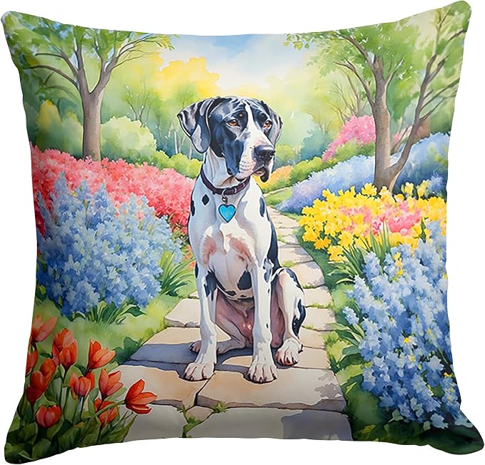 Caroline's Treasures Great Dane Spring Path Throw Pillow Machine Washable, Indoor Outdoor Decorative Pillow for Couch, Bed or Patio, 14Hx14W
