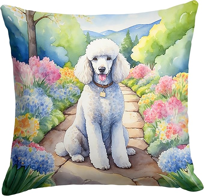 Caroline's Treasures White Poodle Spring Path Throw Pillow Machine Washable, Indoor Outdoor Decorative Pillow for Couch, Bed or Patio, 18Hx18W