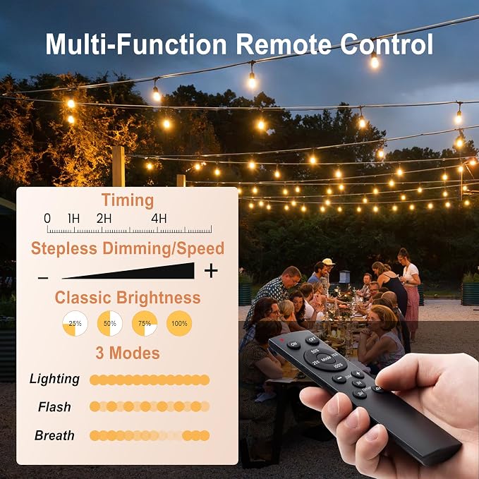 Outdoor String Lights 50FT 34 Bulbs(1.5 FT Apart) Remote lighting for Patio | Waterproof IP65 Connectable Outside Lights with Remote Timer&3 Modes for Commercial Backyard Bistro Garden Market Porch Yard