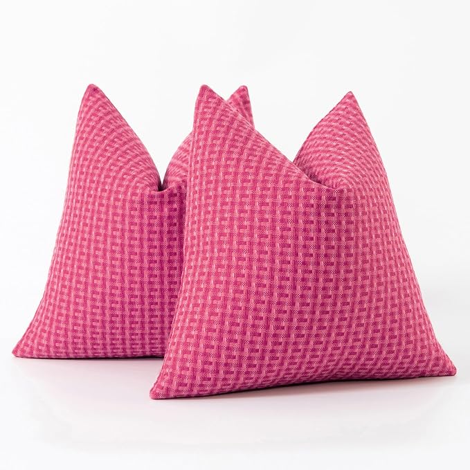 Kevin Textile Outdoor Waterproof 18"x18" Pillow Covers 2 Pack, Hot Pink | Water Resistant Weaving Faux Linen Texture Throw Pillow Covers, Outside Decorative Pillowcases for Garden Patio Balcony Couch