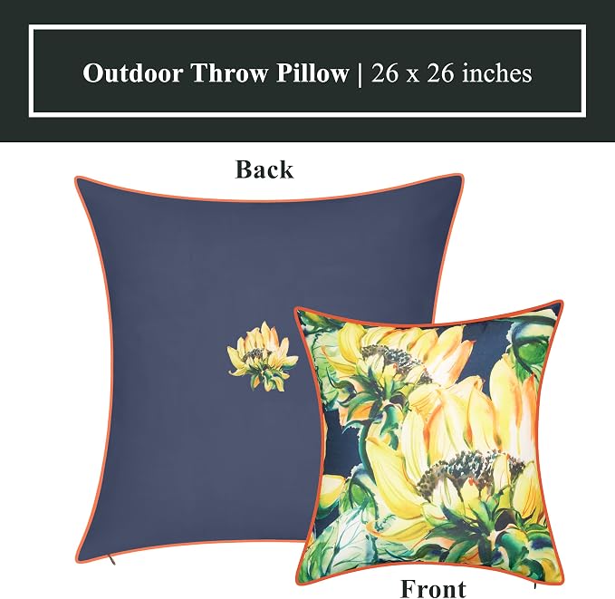 Edie At Home Watercolor Sunflower Square Decorative Throw Pillow for Patio Furniture, Sofa, Chair, or Bedroom, Reversible, Indoor and Outdoor Collection, 26 x 26 inches, Navy