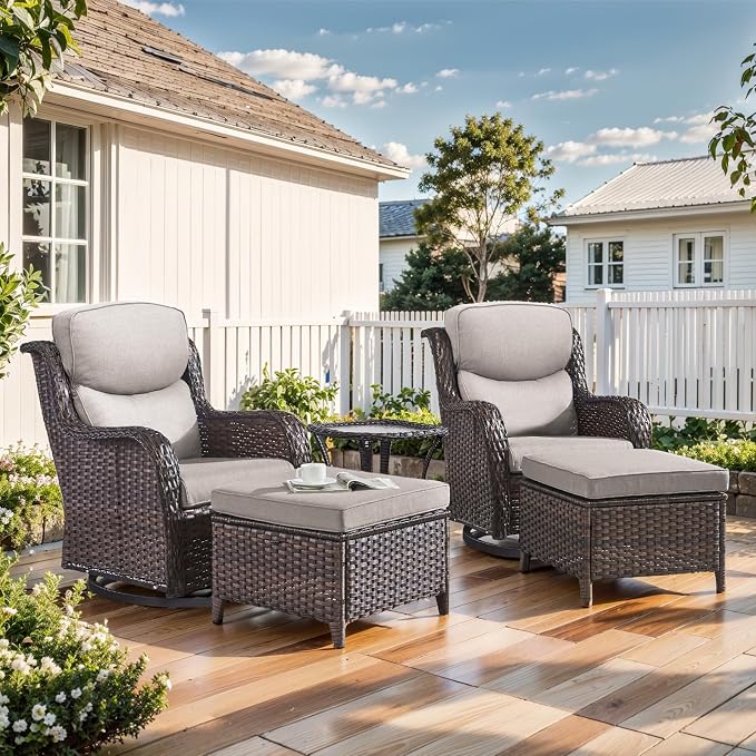 Outdoor Swivel Rocker Patio Chairs with 2 Ottomans - 5" Thick Cushion 5 Piece Furniture Set All Weather Wicker Conversation Set with Side Table for Porch Poolside and Deck - Brown/Beige