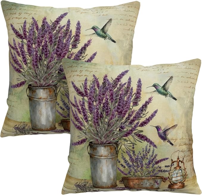 Lavender Pillow Covers Purple Flower Rustic Pillow Covers 16x16 Set of 2 Lavender Hummingbird Pillow Case Spring Vintage Cotton Linen Cushion Case for Garden Farmhouse Patio