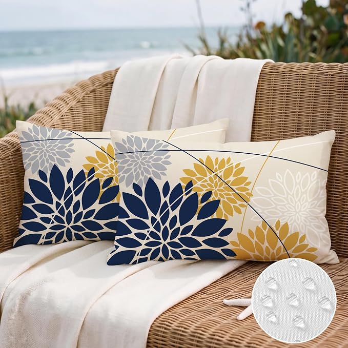 OTOSTAR Outdoor Dark Blue Yellow Pillow Covers 12x20 Inch Set of 2 Light Grey Flower Throw Pillows Geometric Dahlia Floral Lumbar Cushion Case Waterproof Decor for Sofa Patio Funiture Garden