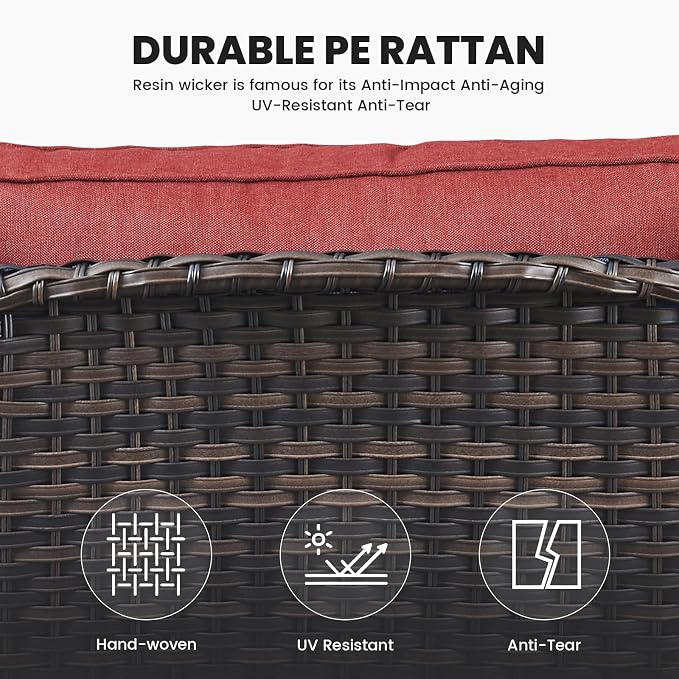 Belord Outdoor Furniture Set Patio Wicker Chairs, 3 Peices Porch Rattan Furniture with Side Table, Deep Seating Patio Bistro Chair Sets (Red Cushion)