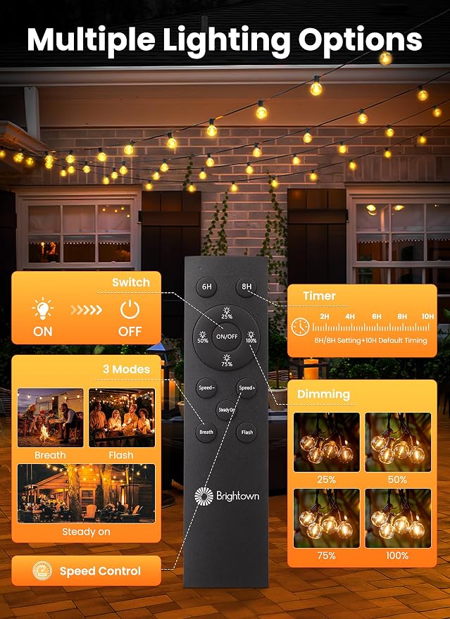 Brightown 38FT 16LED Solar String Lights Outdoor with Remote & USB Port | Shatterproof Bulbs, Dimmable & Timable, 3 Modes, Solar Patio Lights with a Mount Clip for Camping Backyard Garden Decor