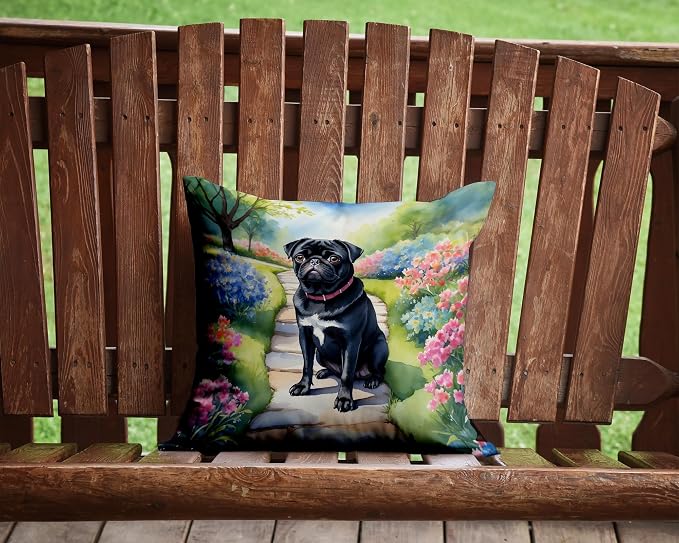 Caroline's Treasures Black Pug Spring Path Throw Pillow Machine Washable, Indoor Outdoor Decorative Pillow for Couch, Bed or Patio, 14Hx14W