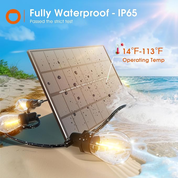 addlon 100FT(2FT) Solar String Lights Outdoor, with 50 Bulbs, Last 20+ Hrs | USB Charging, IP65 Waterproof. Dimmable Timer via Remote. Memory, 3 Modes, 2700K Warm White. Easy Install for Patio, Porch.