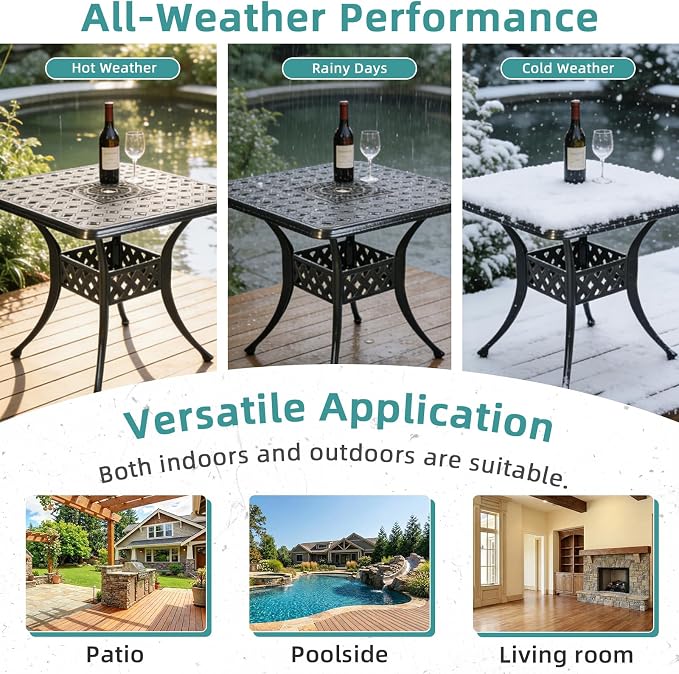 MEETWARM 30.5" Square Patio Dinning Table, Outdoor Cast Aluminum Dinning Table with 2.2" Umbrella Hole, Dark Bronze