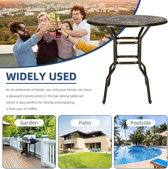 Outdoor Cast Aluminum Bar Table, 38.5" Patio Bar Height Table with 2" Umbrella Hole, All Weather High Top Bistro Round Dining Table for Outside Deck Porch Balcony Poolside, Dark Bronze