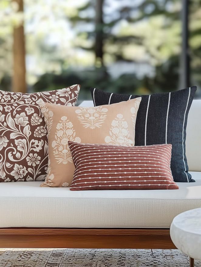 Modern Farmhouse Fall Linen Indoor Outdoor Throw Pillow Cover Only, 22"x22" Water Repellent for Patio, Backyard, Couch, Black Neutral Vertical Stripes