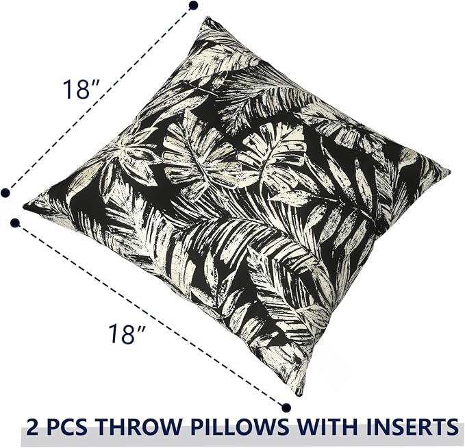 Outdoor Pillows with Insert 18x18 Inch, Waterproof Throw Pillow for Patio Furniture, Decorative Back Cushion for Garden Home Sofa Office Chair, Set of 2, Tropical Leaf Black