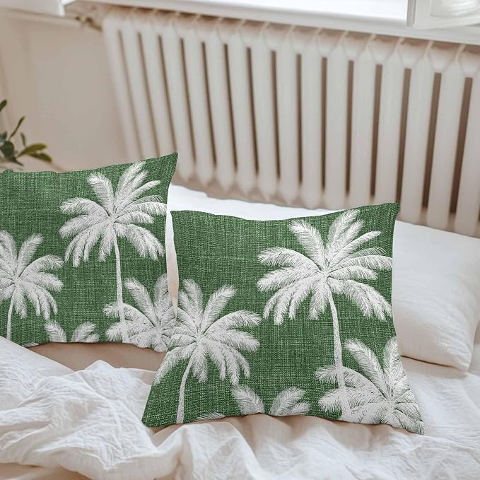 Outdoor Pillow Covers 24x24 Inch Set of 2, Dark Green Palm Trees Waterproof Throw Pillow Covers, Farmhouse Tropical Summer Beach Decorative Cushion Pillowcases for Couch, Sofa, Bed, Garden, Patio