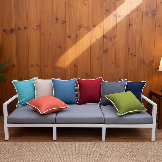 HER HWA Outdoor Pillow Covers White Piping 18"x18" Set of 2, Lake Blue | durable fade-resistant water-resistant 100% polyester white piping smooth zipper machine washable for indoor outdoor décor
