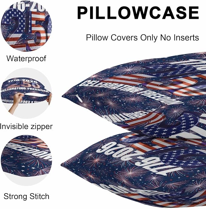 250 Anniversary USA Flag Outdoor Pillow Covers 18x18 Inch Throw Pillow Covers Set of 2 Waterproof Decorative Pillow Cases Blue American Flag 250 Fireworks Cushion Covers for Patio Furniture Garden