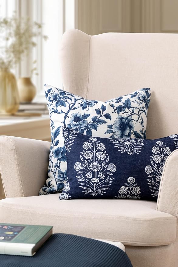 California Casual Coastal Indoor Outdoor Lumbar Pillow Cover, 12"x20" Water Repellent for Patio, Backyard, Couch, Poolside, Dark Navy Print Floral