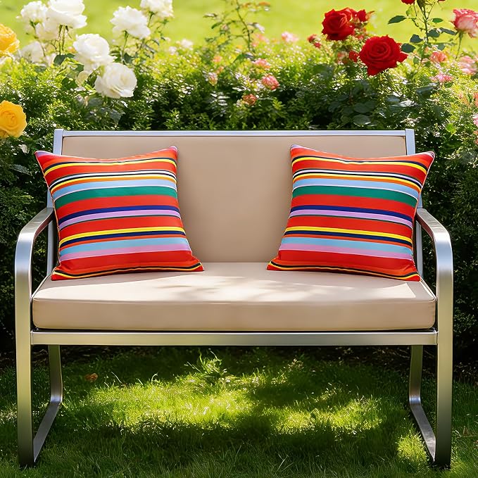 Eternal Beauty 20X20'' Set of 2 Outdoor Decorative Pillow Covers Waterproof Outdoor Pillow Covers for Spring Summer Patio Throw Pillows, Red Stripe, 20X20 inches