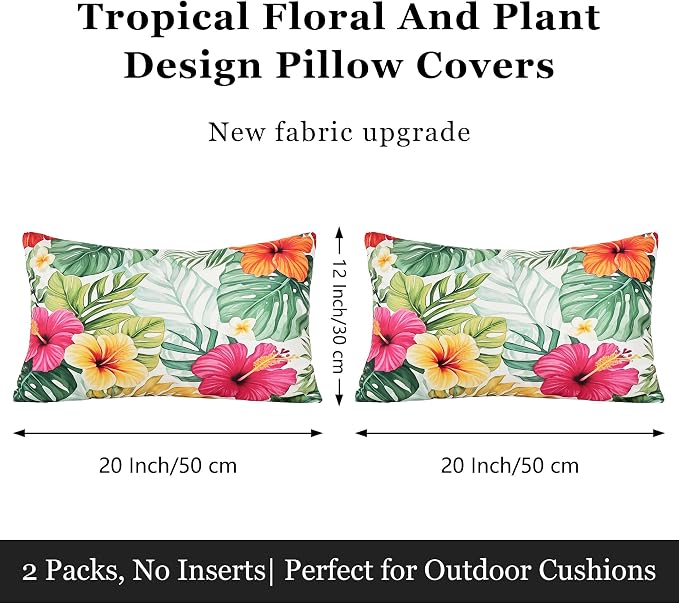 Outdoor Pillow Covers 12x20 Inch Set of 2, Tropical Floral Plants Modern Throw Pillows Cases Waterproof Square Garden Cushion Sham for Patio Funiture Tent Balcony Bench Sofa Couch, Pink Green
