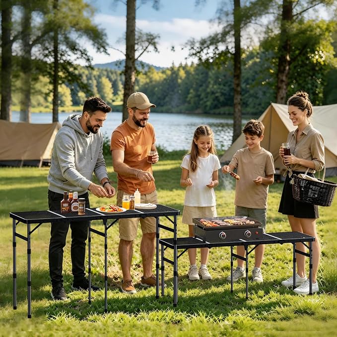 Anbte 4 ft 4-Fold Portable Grill Table, 3 Adjustable Height Max 27.5" | Aluminum, Heat-Resistant Mesh Tabletop, Portable Handle, Waterproof, for Outdoor Cooking Patio BBQ Picnic, Black