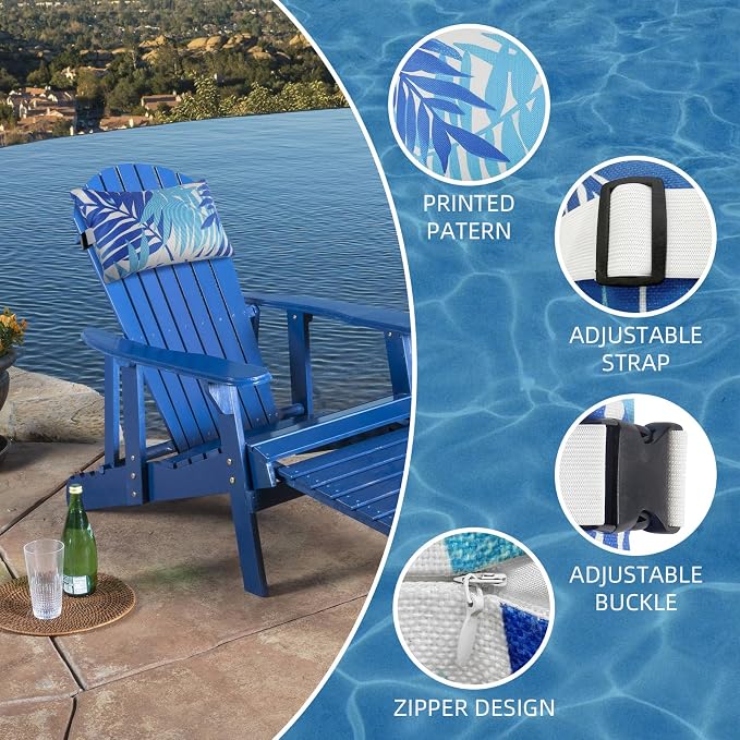 Outdoor Pillow for Chaise Lounge Chair, 2pcs Chaise Lounge Pillows Lumbar Pillows with Insert and Adjustable Elastic Strap for Patio Beach Office Chair, Blue Leave