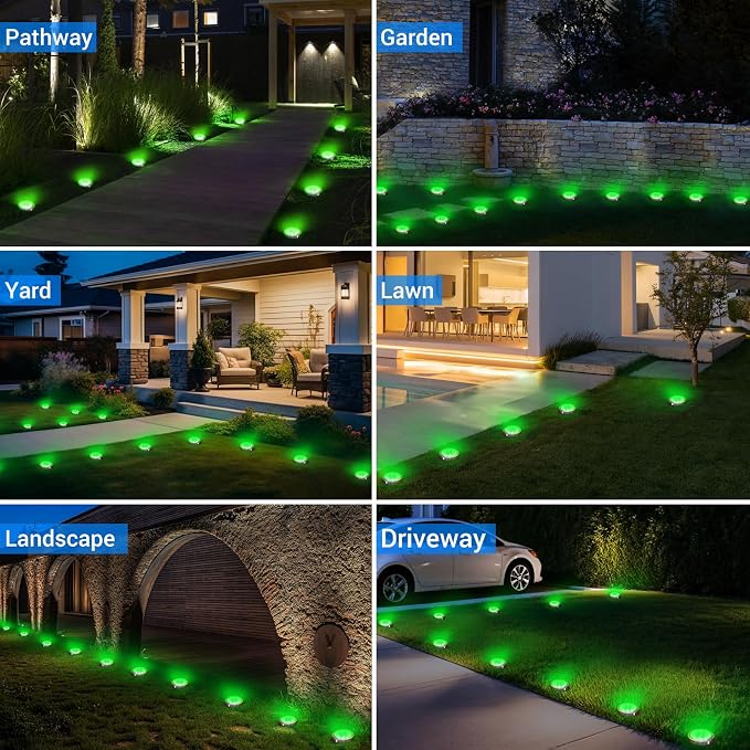 Solar Ground Lights Outdoor, 12 Pack Flat Solar Powered Disc Lights, IP68 Waterproof, Anti-Rust, Landscape Lighting for Pathway Garden Yard Lawn Walkway Landscape Driveway, Green