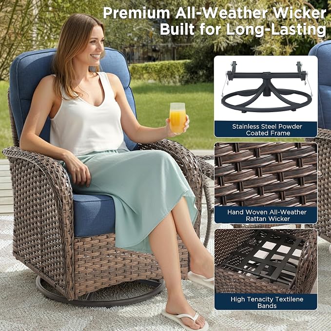 Luxury Wicker Patio Furniture Set with 6-Inch Thick Cushions, 6 Pieces Outdoor Swivel Rocker Patio Chairs Set of 4 with Rattan Side Table, Ooutdoor Patio Conversation Sets for Garden Porch Deck, Blue
