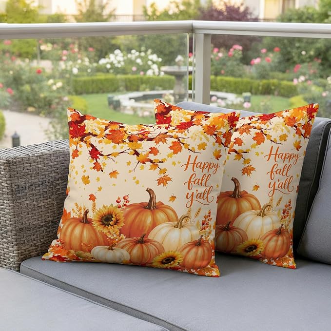 Orange Fall Waterproof Outdoor Pillow Covers 26''x26'' Set of 2, Maple Tree Branch Thanksgiving Pumpkin Patio Cushion Covers for Chairs,Decorative Countryside Leaves Pillow Cases for Garden/Pool/Beach