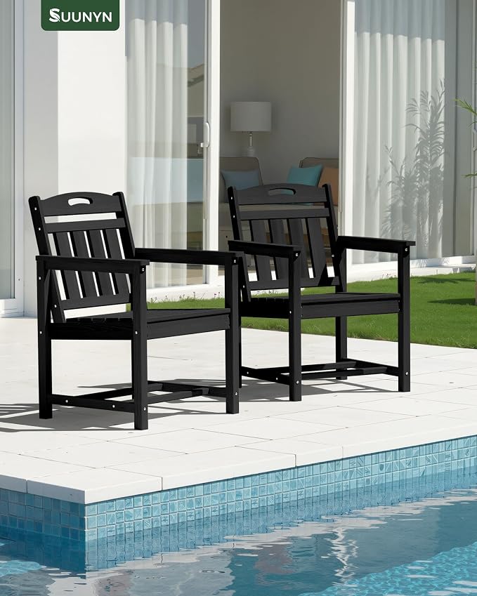 Set of 2 Weatherproof Patio Chairs - HDPE Outdoor Dining Chairs with Wide Seat, Ergonomic Design - for Garden, Backyard, Deck - Black