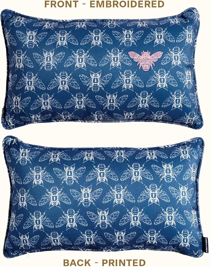 Honeycomb Indoor/Outdoor Lumbar Pillow for Patio Furniture, 20 x 12 | Nocturnal Blue Embroidered Bumble Bee Throw Pillow, Water & Fade Resistant for Patio Furniture Set