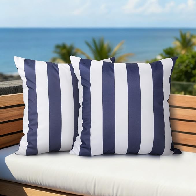 Outdoor Pillow Covers 16x16 Inch, Waterproof Throw Pillow Covers Pack of 2, Water-Resistant Decorative Pillow Case for Patio Furniture Tent Garden, Nautical Navy Blue White Stripes, Cover ONLY