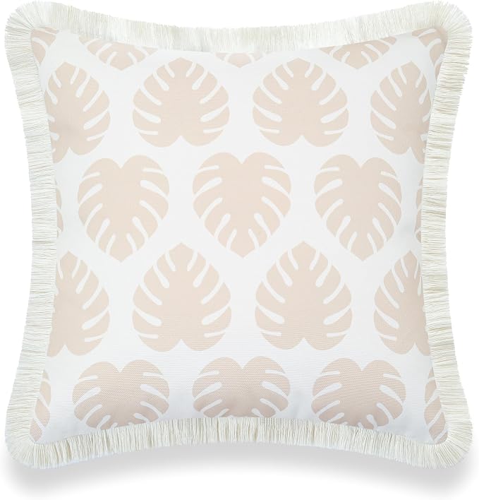Hofdeco Premium Fall Coastal Patio Indoor Outdoor Pillow Cover Only, 20"x20" Water Repellent for Backyard, Couch, Neutral Tan Monstera Leaf Fringe