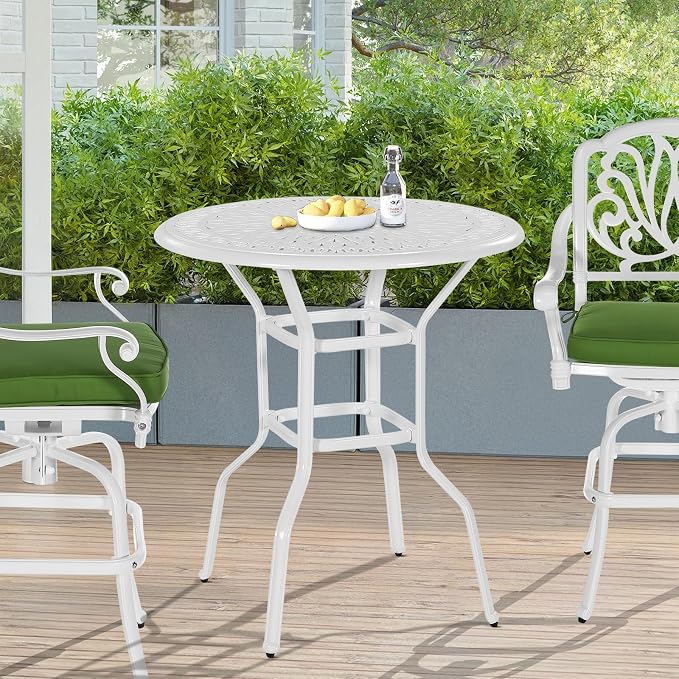 Outdoor Cast Aluminum Bar Table, 35.4" Patio Bar Height Table with 2" Umbrella Hole, All Weather High Top Bistro Round Dining Table for Outside Deck Porch Balcony Poolside, White