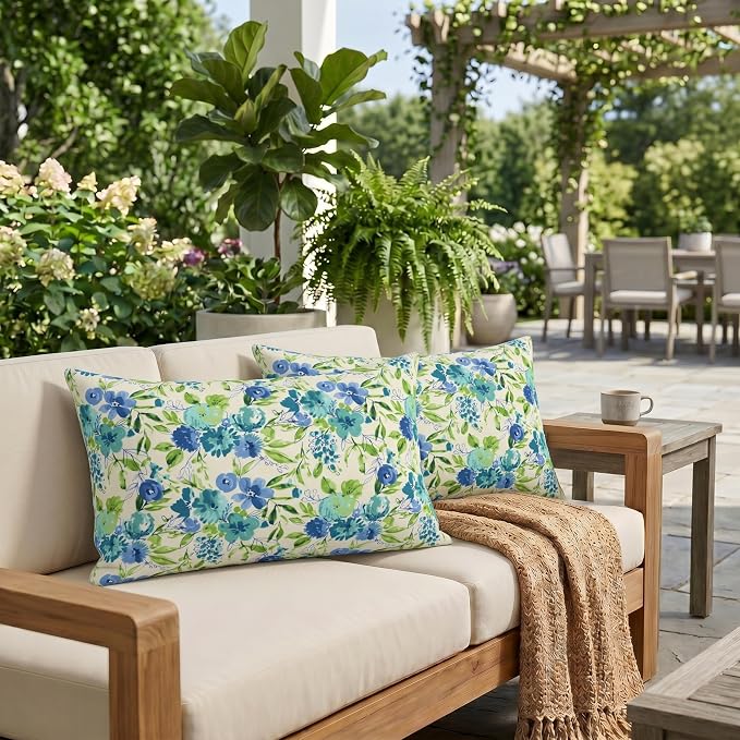 RSH DECOR: Lumbar Throw Pillows Set of 2 | 20” x 12" | All-Weather Spun Fabric | Outdoor Support Pillows for Patio Furniture | Made in USA (Bettina Aqua)
