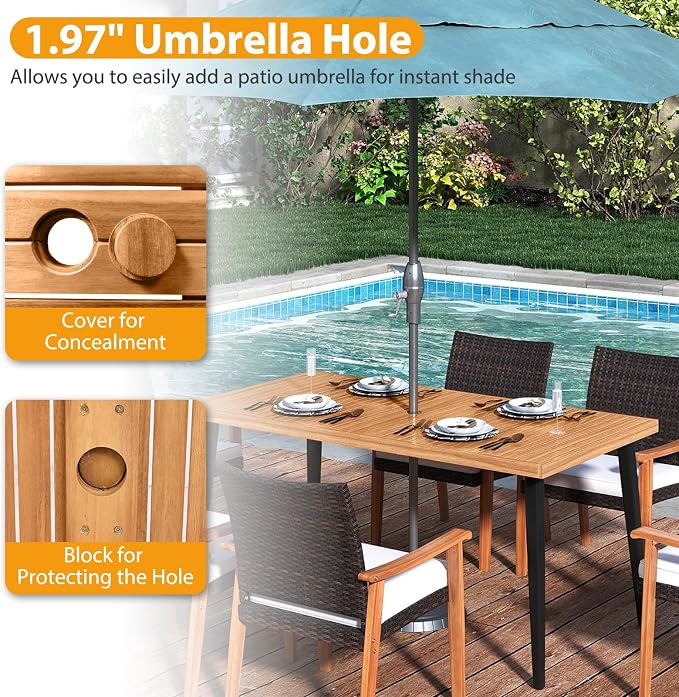 Tangkula 7 Pieces Patio Dining Table Set, Outdoor Rectangular Acacia Wood Table with 1.97” Umbrella Hole & 6 Cushioned Armchairs, for Garden, Deck, Yard