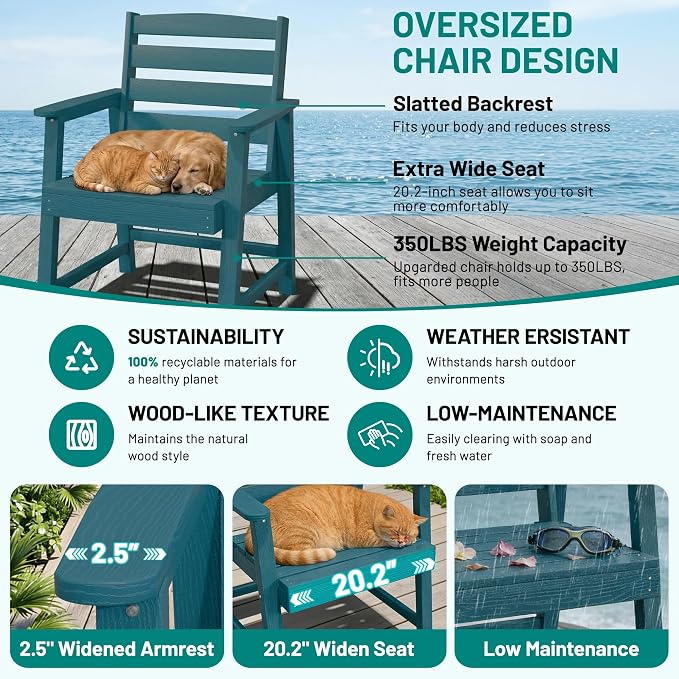 PLUUV Patio Dining Chairs Set of 2, HDPE Armless Patio Chairs with 350 lbs Weight Capacity, All-Weather Outdoor Dining Chairs for Backyard, Garden, Deck, Wood-Like Texture, Navy Blue