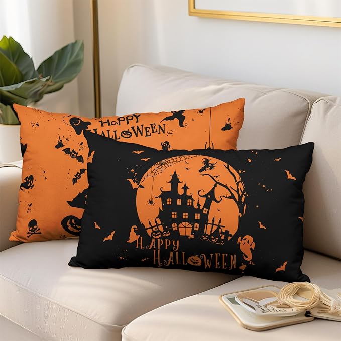 Halloween Lumbar Pillow Covers 12X20 Witch Castle Spider Web Rectangle Pillowcase Set of 2 for Living Room Couch Orange and Black Waist Pillow Covers Halloween Decoration