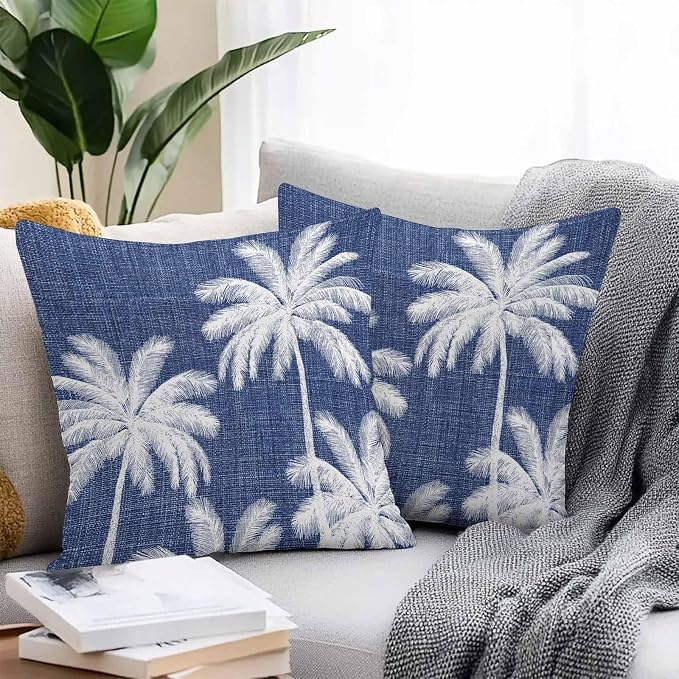 Outdoor Pillow Covers 24x24 Inch Set of 2, Indigo Blue Palm Trees Waterproof Throw Pillow Covers, Farmhouse Tropical Summer Beach Decorative Cushion Pillowcases for Couch, Sofa, Bed, Garden, Patio