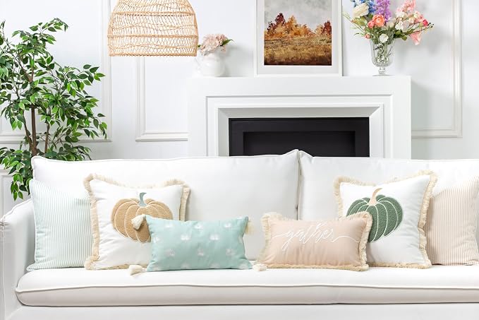Hofdeco Premium Fall Coastal Patio Indoor Outdoor Pillow Cover Only, 20"x20" Water Repellent for Backyard, Couch, Muted Aqua Neutral Tan Embroidered Pumpkin with Fringed Trim