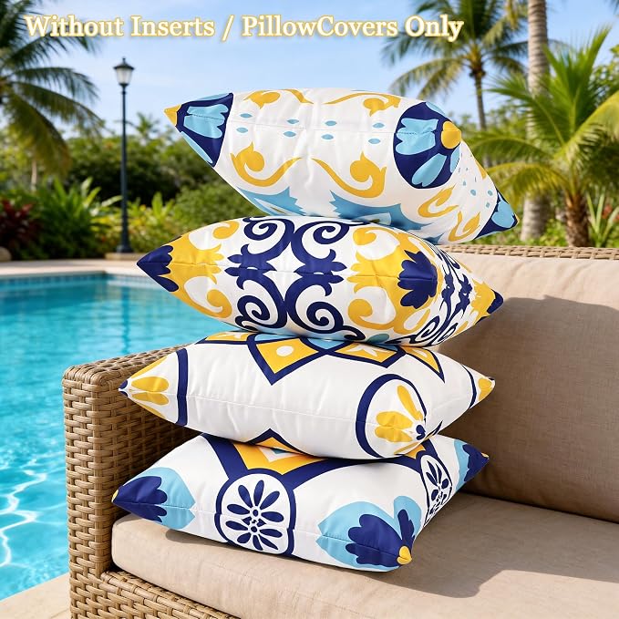 Outdoor Waterproof Throw Pillow Covers 18x18 Set of 4, Blue Yellow Morden Geometric Pattern Decorative Pillow Cover, Boho Farmhouse Cushion Cases for Summer Patio Funiture Garden Bench Couch