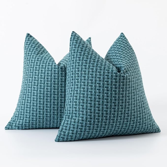 Kevin Textile Outdoor Waterproof 18"x18" Pillow Covers 2 Pack, Teal | Water Resistant Weaving Faux Linen Texture Throw Pillow Covers, Outside Decorative Pillowcases for Garden Patio Balcony Couch