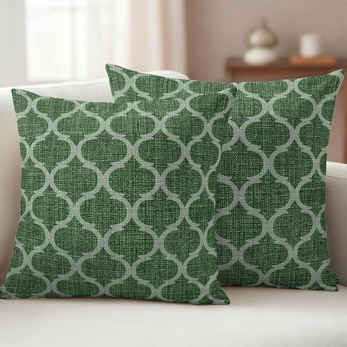 Dark Green Moroccan Outdoor Pillow Covers 26x26 Inch Throw Pillow Covers Set of 2 Waterproof Decorative Pillow Cases Middle Century Quatrefoil Plaid Art Cushion Covers for Patio Furniture Garden Couch