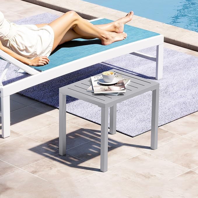 Crestlive Products Aluminum Outdoor Side Table,Rectangular End Table,Easy Assembly Small Coffee Bistro Table for Patio Pool Balcony(Light Gray)