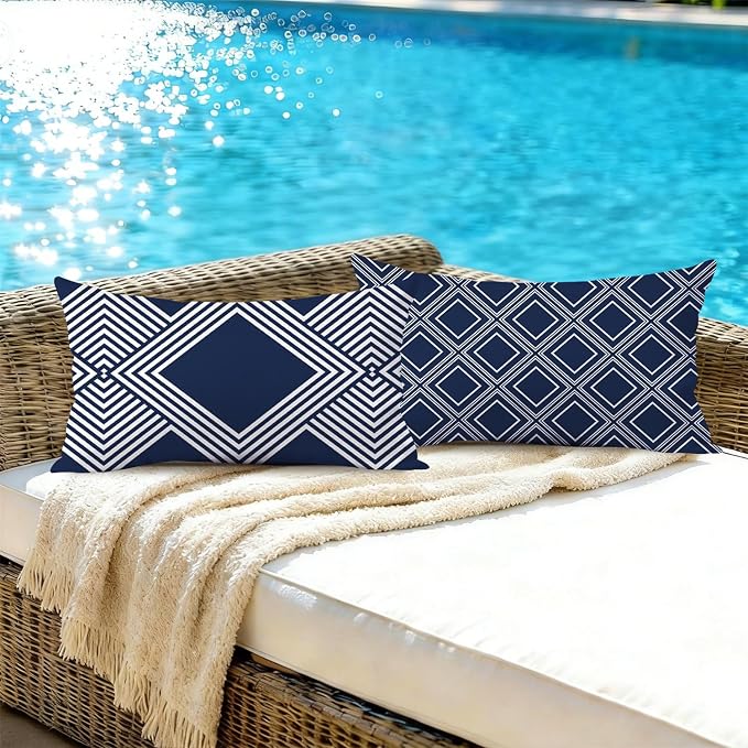 NIGHTWISH Outdoor Waterproof Pillow Covers 12x20 Set of 4 Navy Blue and White Modern Geometry Decorative Outdoor Throw Pillows Boho Cushion Cases for Patio Furniture Bench Couch Sunbrella