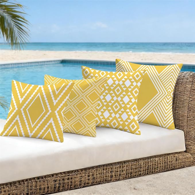 NIGHTWISH Outdoor Waterproof Pillow Covers 18x18 Set of 4 Yellow and White Modern Geometry Decorative Outdoor Throw Pillows Boho Cushion Cases for Patio Furniture Bench Couch Sunbrella