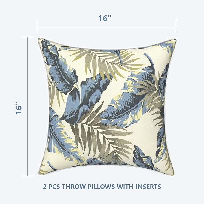 LVTXIII Outdoor/Indoor Throw Pillows, Decorative Patio Accent Pillows, Fluffy Water Repellent Garden Cushions for Home Patio Coach Sofa Use, 16×16 Inch, Pack of 2, ‌Lush Palm Blue